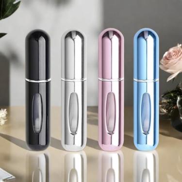 Imagem de 4 frascos de spray de perfume, frascos atomizadores de perfume de viagem de 5 ml, atomizador de fragrância, portátil, recarregável para mulheres e homens (preto, prata, rosa, azul)