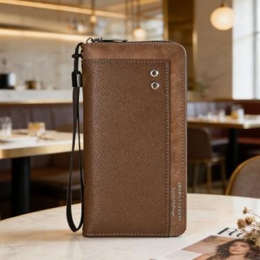 Imagem de Carteira masculina clássica cáqui com zíper vertical, cor sólida, sensação de couro legítimo, design clássico de zíper vertical cáqui em cor sólida com sensação de couro legítimo, durável