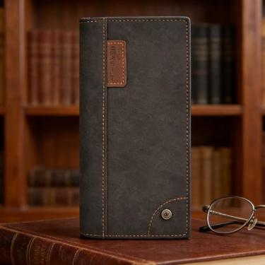 Imagem de Carteira universal simples preta compacta listrada de couro macio resistente à água, design compacto preto simples com alça, padrão listrado, couro macio, resistente à água