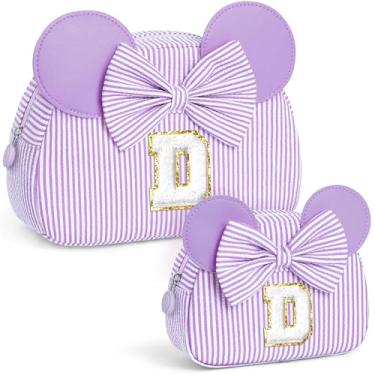 Imagem de QLOVEA Presentes de Natal para netos, bolsa de cosméticos inicial, bolsa de maquiagem de viagem, presentes de aniversário personalizados para crianças, Roxa