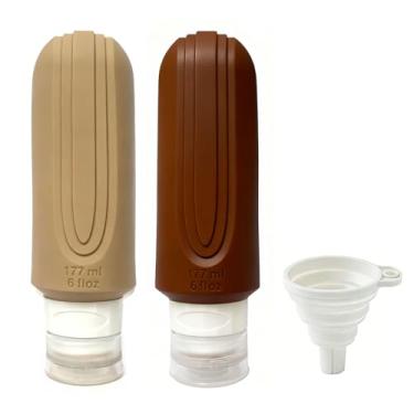 Imagem de Pacote com 2 frascos de silicone de 170 g com funil dobrável, conjunto de frascos de licor recarregáveis à prova de vazamento, frascos portáteis sem BPA para viagens, acampamento e festas (mocha +