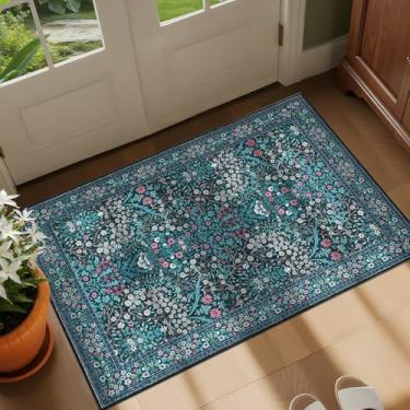 Imagem de GarveeHome Tapete floral lavável 2x3 verde antiderrapante boho para banheiro, tapete macio para porta interna, tapetes botânicos para entrada, quarto, azul escuro