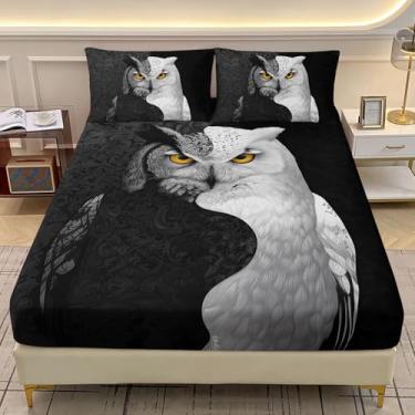 Imagem de AILONEN Jogo de lençol Queen com estampa de damasco preto e branco, estampa de coruja, animal selvagem, 3 peças, para decoração de casa