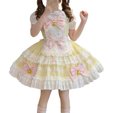 Imagem de Cuteighteen Lolita Sleeveless Dress Teens Princess Kawaii Bow Apron Japan Cat Maid Outfit Fancy Party Anime Cosplay Costume (Yellow, Medium)