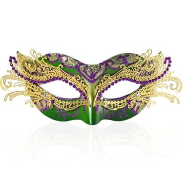 Imagem de FRUOR Women's Venetian Masquerade Mask - Green Purple Gold Glitter with Rhinestones - Elegant Metal Filigree & Plastic Mardi Gras Mask for 2026 Carnival, Prom, Halloween & Costume Party