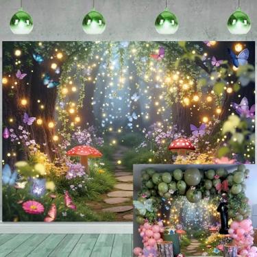 Imagem de Fundo de floresta encantada primavera fada borboletas cogumelo mágico país das maravilhas crianças menina fada chá festa aniversário bebê decoração fantasia tema evento suprimentos 20 x 1,8 m