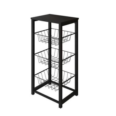 Imagem de Fruteira de Chão Cozinha Desmontada Aço Preto Cesto Preto Tampo Preto 