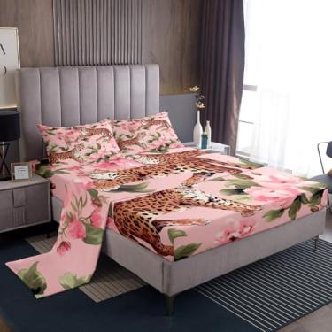 Imagem de Erosebridal Jogo de lençol King com estampa de leopardo, rosa rosa e folha verde, para decoração de quarto de crianças, animais selvagens, gato grande, safári, 4 peças