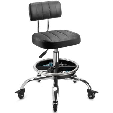 Imagem de LWADALN Banco de mecânico de garagem com encosto, cadeira de trabalho giratória resistente ajustável em altura, banco de oficina com armazenamento de bandeja de ferramentas, cadeira de mecânico para