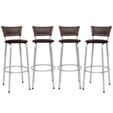 Imagem de Kit 4 Banco Banqueta 70cm Estrutura Prata Encosto Junco Argila Alta Pa