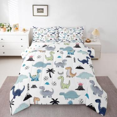 Imagem de jejeloiu Conjunto de edredom de dinossauro da selva para todas as estações, conjunto de cama com 1 fronha, estampa de dinossauro, microfibra 3D, para decoração de quarto, edredom respirável, macio e