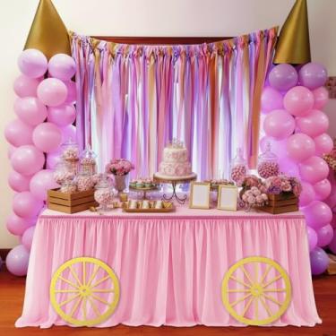 Imagem de Windkream Saias de mesa de tule rosa para decoração de festa de carruagem de princesa 2,7 m com 2 rodas de carroça decorações de aniversário de princesa saias de cobertura de mesa tutu para chá de