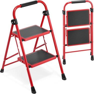 Imagem de Urackify Escada de degrau, escada de 2 degraus com pedal largo e antiderrapante, banqueta dobrável portátil com aderência, escada de degrau resistente para cozinha doméstica, vermelha