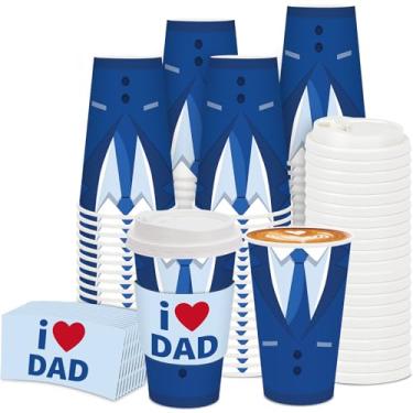 Imagem de JarThenaAMCS Conjunto de 48 xícaras de café descartáveis para o dia dos pais com tampas e mangas copo de papel azul terno I Love Dad copos de bebida para o dia dos pais suprimentos de festa