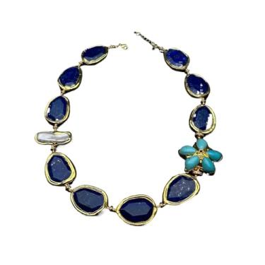 Imagem de DWBPGVUN Colar gargantilha de pérola biwa branca com borda galvanizada e lapis lazúli azul facetado