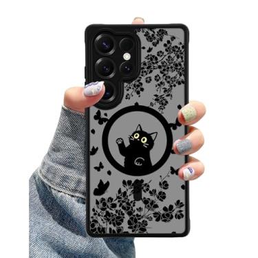 Imagem de Aitipy Capa para celular compatível com MagSafe para Samsung Galaxy S25 Ultra, linda capa de telefone com design magnético de flor preta de gato preto, capa protetora de TPU macio para mulheres e