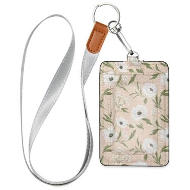 Imagem de Burbuja Porta-crachá de couro com cordão, etiqueta de identificação de flores com 1 janela transparente para identidade e 2 compartimentos para cartão para escritório, enfermeira, professor, médico
