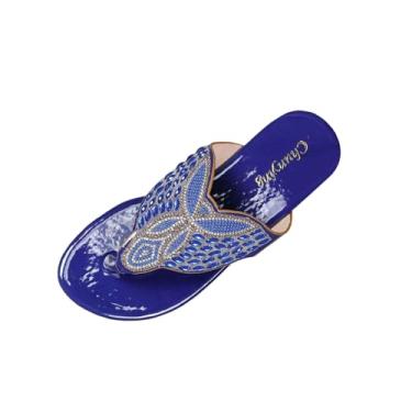 Imagem de Sandálias planas femininas enfeitadas com strass para praia e férias confortáveis para uso ao ar livre chinelos estilo boêmio, Azul royal, 34