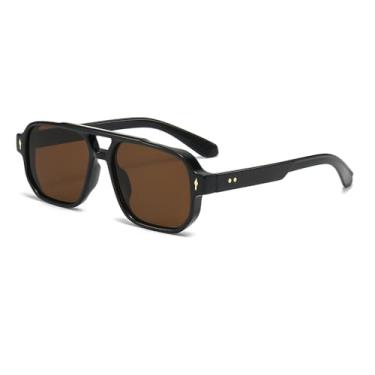 Imagem de OZPYKAE Óculos de sol masculinos quadrados, retrô, proteção UV400, ponte dupla, moderno, retangular, aviador, óculos de sol, Marrom, tamanho �nico
