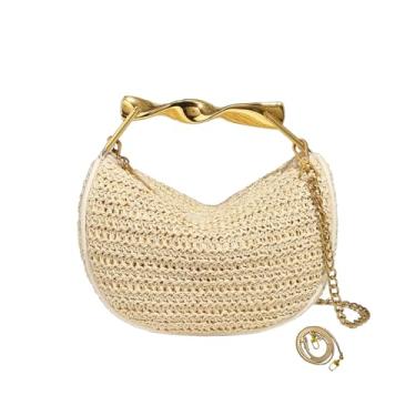 Imagem de Bolsa tiracolo feminina de palha com design de alça superior dourada bolsa clutch mini bolsa de praia de verão com 2 alças de ombro, Caqui