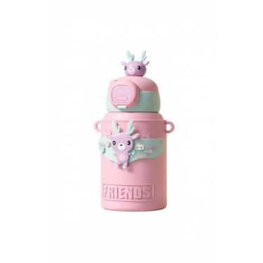 Imagem de Garrafa Infantil Térmica Aço Inox com Canudo Alça Bolsa 450ml (Rosa)