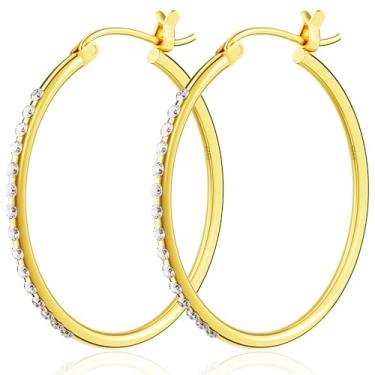 Imagem de Brincos de argola de zircônia cúbica banhados a ouro 18K, design redondo clássico, joias modernas para mulheres, 60mm, Aço inoxidável, Sem pedra preciosa