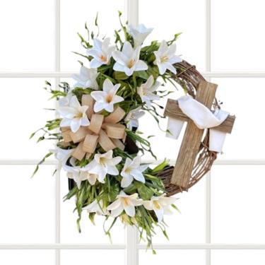 Imagem de Guirlanda de Páscoa | Placa de Natal com cruz de lírio branco - Guirlanda artificial de primavera - para entrada, cozinha, quarto, reunião de família, festa de casamento