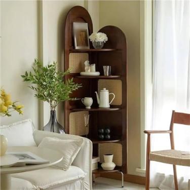Imagem de Estante de canto vintage de 5 camadas - rack de exibição de madeira maciça tecido rattan, estante de canto para sala de estar, elegante solução de móveis marrom escuro
