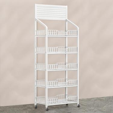 Imagem de Prateleira comercial de supermercado, suporte portátil para organizador de lanches/medicamentos com rodas – Suporte de chip de cozinha e escritório, 4 produtos de 5 níveis