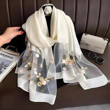 Imagem de Lenço De Seda E Lã Com Bordado Floral Para Mulheres, Hijab Pashmina, X
