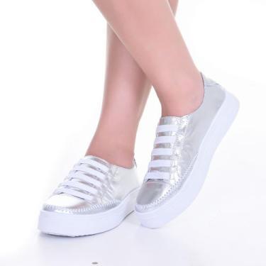 Imagem de Tênis Feminino Casual Prata de couro Ajuste Elástico - Izabela Araújo,