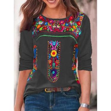 Imagem de Camiseta Feminina Manga Longa com Decote V - Estampa Boêmia (Primavera