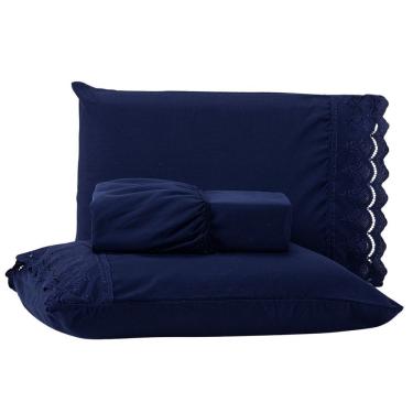 Imagem de Jogo De Cama Lençol King 03 Peças Sublime Bordado Inglês Percal 300 Fios Com Fronhas - Toque Acetinado Cor Azul Marinho