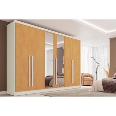 Imagem de Guarda Roupa Casal Valencia 6 Portas de Bater 6 Gavetas MDF Porta com Espelho Off White-Peroba Europa