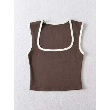 Imagem de Camiseta Feminina Slim Fit Com Contraste, Sem Mangas, Gola Quadrada, T