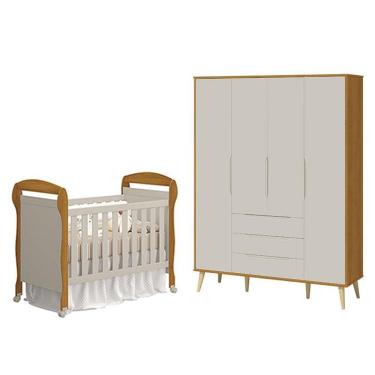 Imagem de Berço Americano Danny E Guarda Roupa 4 Portas Elfe Retrô Areia Savana Acetinado Natural - Reller