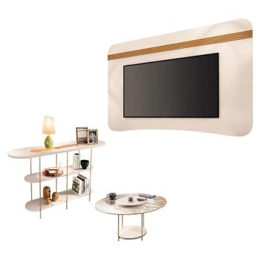 Imagem de Painel Suspenso Armony Com Mesa De Centro Sky Com Tampo De Vidro E Aparador Infinity Off White Cinamomo - Hb Móveis