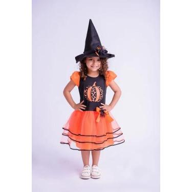 Imagem de Fantasia infantil halloween menina abóbora vestido 08 ao 14 com chapéu