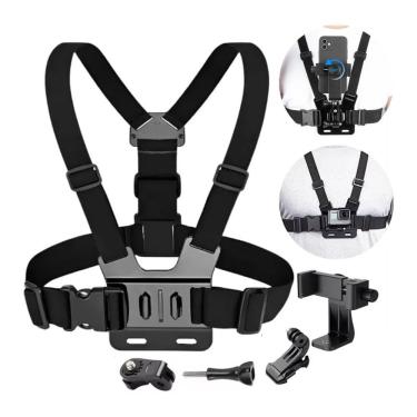 Imagem de Kit 2 Suporte Peitoral Ajustável para Celular e Câmeras de Ação Giratório com Rotação 360 graus  Preto