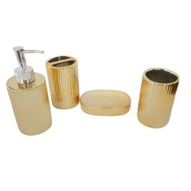 Imagem de Kit para Banheiro e Lavabo 4 Peças em Cerâmica e PP com Dispenser Saboneteira Escovas e Cotonetes Carmella Presentes