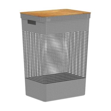 Imagem de Ou Cesto de Roupas com Tampa de Bambu 49L Chumbo Linha Grid