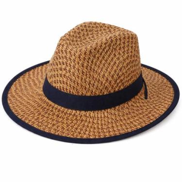 Imagem de Chapéu Fedora Palha Proteção UV Aba Larga Praia Verão Unissex Dobrável