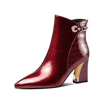 Imagem de TinaCus Bota feminina brilhante de couro envernizado, feita à mão, salto grosso, bico fino, zíper lateral, tornozelo com decoração requintada de fivela, A Burgundy, 6.5