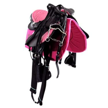 Imagem de Sela Australiana Preta Com Rosa Infantil De Cabeça Com Abas Luxo Completa 12 Polegadas + Acessórios