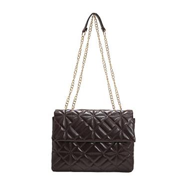 Imagem de Bolsa de ombro feminina com aba e corrente, moderna, de couro acolchoado, bolsa tiracolo casual, Marrom