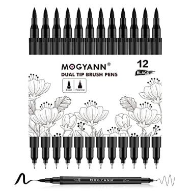Imagem de Mogyann Canetas de desenho pretas – Conjunto de 12 canetas duplas com pincel e ponta fina para esboço de desenho artístico