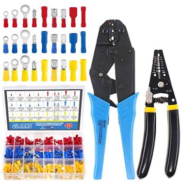 Imagem de Conjunto de ferramentas de crimpagem de terminais de arame Glarks, terminais de arame isolados, conectores de engate ferramenta de engate 22-10 AWG com 419 peças de conector de terminal de crimpagem de anel de pá de bala isolado e um fio de tira