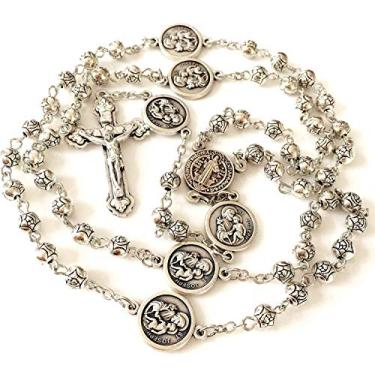 Imagem de elegantmedical Medalha de São José feita à mão + contas de rosa prateadas, rosário e crucifixo, cruz católica, caixa de presente, 23" (58CM) long, Prata