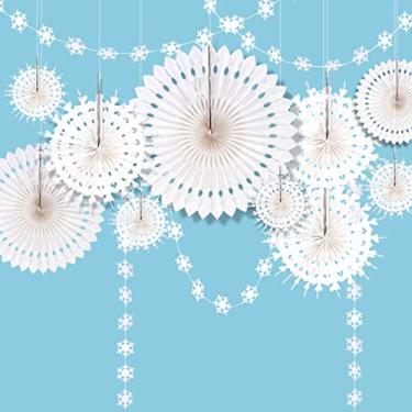 Imagem de Decorações de festa de inverno do país das maravilhas com flocos de neve para decoração de banner de papel branco pendurado para decoração de flores/aniversário congelado/árvore de Natal/ano novo/chá de bebê/suprimentos para festa de casamento