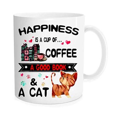 Imagem de Caneca de café engraçada - Caneca de leitura para amantes de livros - A felicidade é uma xícara de café e um gato - Canecas para amantes de gatos, caneca de café divertida para livros, caneca de gato, caneca de professor - Caneca de 325 ml